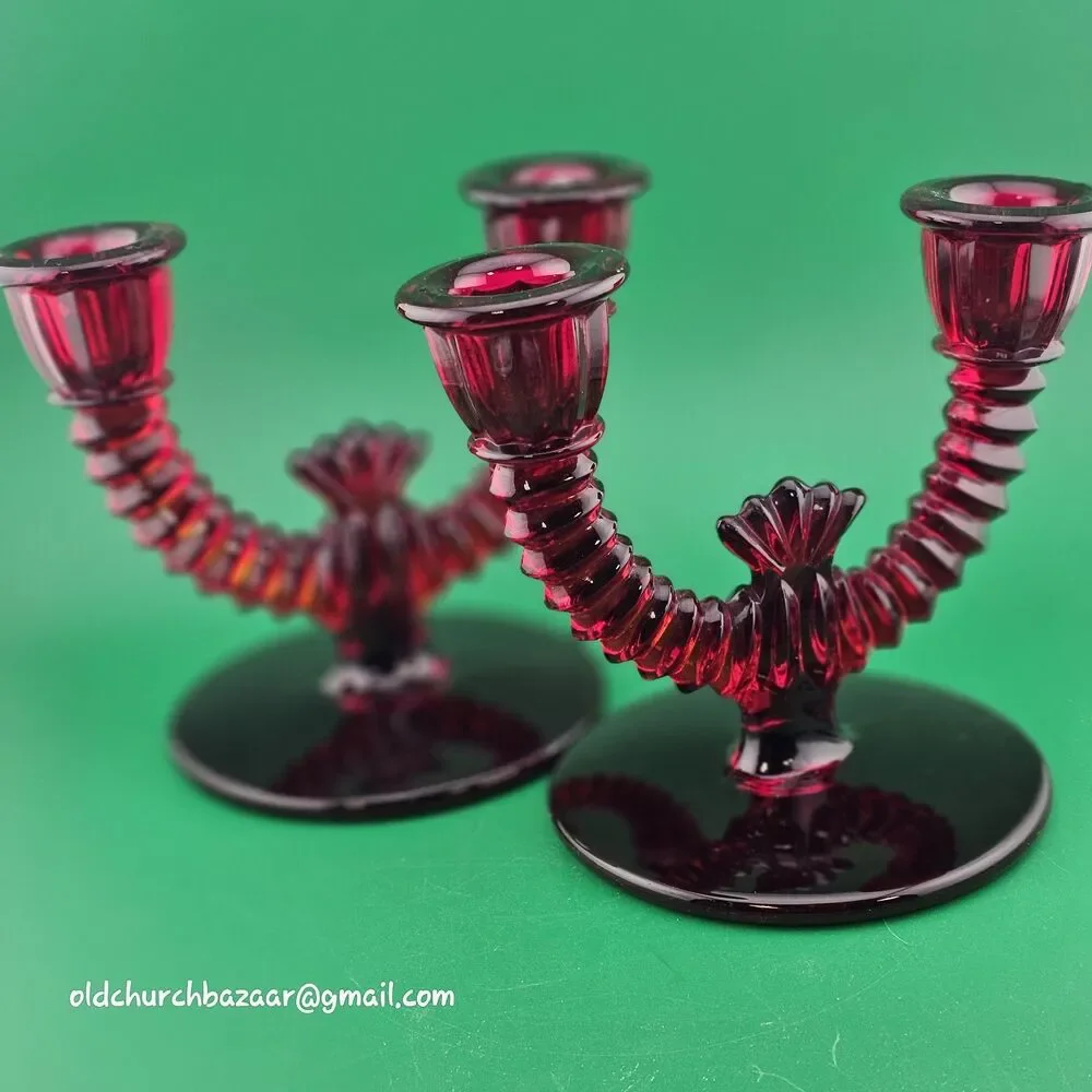 Set of 2 Paden City Ruby Red Glass Crows Foot Round Double Candle Holders